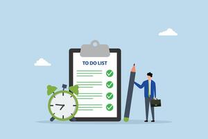 To do list, efficient entrepreneur with notepad and task list clipboard accompanied by timer. vector