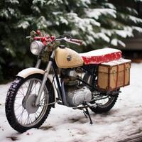 Retro-style motorbike blanketed in fresh snow, adorned with festive gifts. The image conveys the magic of Christmas, blending vintage charm with the spirit of exploration photo