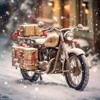 Old-fashioned motorcycle resting in the snow, carrying beautifully wrapped holiday gifts. A timeless Christmas scene full of rustic charm and seasonal magic photo