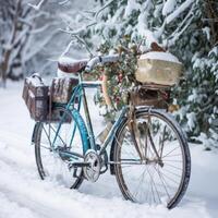 Vintage bike covered in snow, carrying festive holiday gifts. The nostalgic scene captures the spirit of Christmas with rustic charm and adventure, set against a picturesque winter backdrop photo