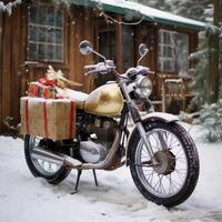 Vintage motorcycle covered in snow, carrying festive holiday gifts. The nostalgic scene captures the spirit of Christmas with rustic charm and adventure, set against a picturesque winter backdrop photo