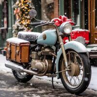 Classic motorcycle dusted with snow, loaded with holiday presents. A charming winter scene evoking Christmas nostalgia and the thrill of adventure in a rustic setting photo