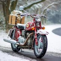Snow-covered vintage motorcycle packed with Christmas presents. A heartwarming holiday composition set against a scenic winter landscape, radiating warmth and adventure. photo