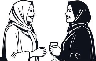 Two muslim business women sharing and talking about their business during a networking event. vector