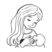A girl is hugging her newborn brother and caressing him. Line art silhouette on white background vector