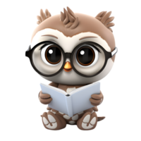 Charming chibi owl reading a tiny book cozy library digital art cute environment close-up view whimsical concept png