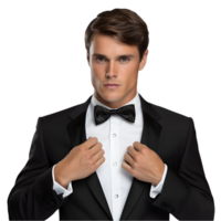 Elegant man adjusting tuxedo at formal event indoor setting portrait capturing style and grace png