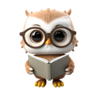 Charming chibi owl reading a tiny book cozy library digital art whimsical atmosphere close-up perspective knowledge concept png