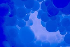 Blue background with flying balloons clean design, 3d abstract realistic banner. photo