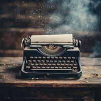 An aged typewriter sitting on a distressed wooden desk, dust motes in the air, and big text friendly space in the background photo