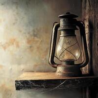 Close-up of a vintage lantern on a wooden shelf, cobwebs visible, with a muted background and large copy space to the side. photo