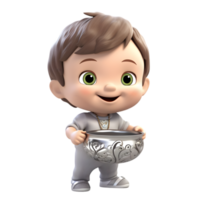 3d cartoon toddler holding a tiny silver bowl playroom animation cheerful environment close-up view imaginative concept png