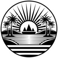 The sun rises over the water and palm trees vector