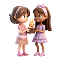 3d cartoon girls distributing tiny chocolate eggs playful setting fun animation style whimsical viewpoint png