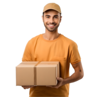 Delivery worker smiling with package and friend urban setting lifestyle photo cheerful environment front view community connection png