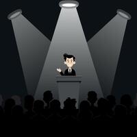 Guy feels free and relaxed behind a podium for public speaking in the spotlight in front of an audience, public speaking, flat style, black and white background vector