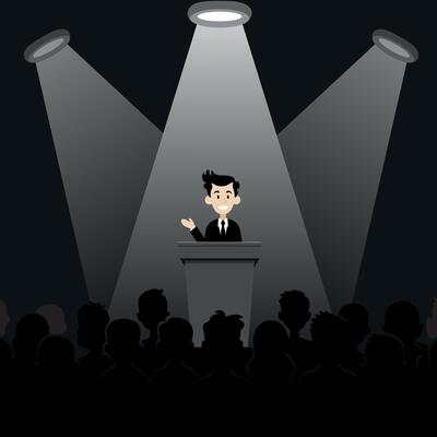Guy feels free and relaxed behind a podium for public speaking in the spotlight in front of an audience, public speaking, flat style, black and white background