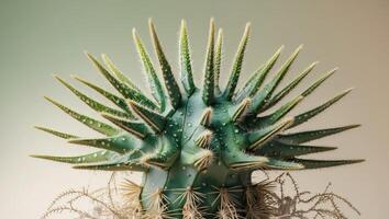 Close up of cactus with spines radiating outward in precise geometric shapes photo
