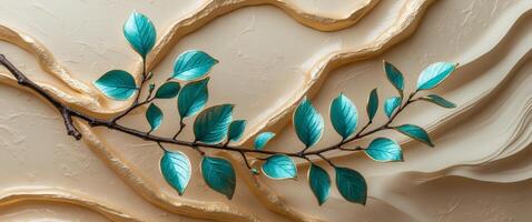 Teal and Gold Leaf Branches on Textured Background. photo