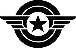 a black and white logo with a star and wings vector