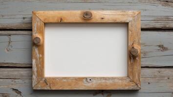 Rustic wooden frame on a weathered wooden background with ample copy space for text or images. photo