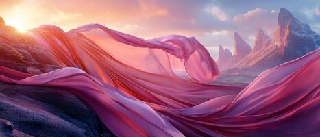 Sunset fabric flowing, mountain landscape, fantasy photo