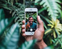 Man taking selfie in botanical garden photo