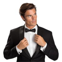 Man in tuxedo adjusting bow tie formal event fashion photography indoor setting close-up perspective elegance and style png