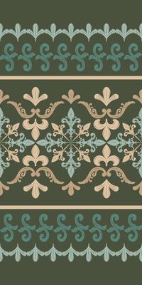 Scroll Pattern Interweaves Between the Fleur de Lis, featuring intricate, curling designs reminiscent of classical baroque and rococo style. Shades of Green and Gold making it perfect for high-end