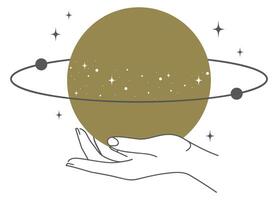Boho doodle mystic hands. Hand drawn esoteric icon, simple heavenly logo element with saturn planet vector