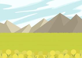 Mountains landscape scene with spring meadow. Rural fields with blooming dandelion. Alpine field vector