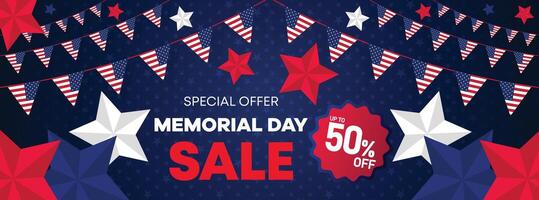 Memorial Day sale banner with patriotic stars and stripes design, 50 percent off offer, and marketing elements for online promotions and event ads vector