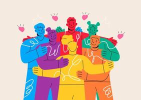 Group of people hug cuddle show unity and bonding. Friendship, support concept. Colorful illustration vector
