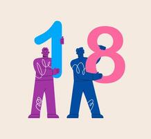 Two men hold numbers one and eight. Colorful illustration vector