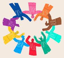 Group of happy people of different are standing in circle, hugging together, support. Unity concept. Colorful illustration vector