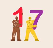 Man and woman hold numbers one and seven. Colorful illustration vector