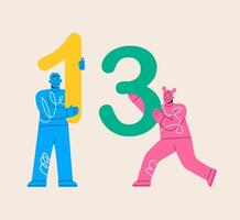 Man and woman hold numbers one and three. Colorful illustration vector