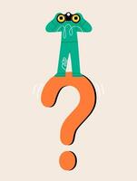 Man with huge question mark look through binoculars to search for new business idea. Colorful illustration vector