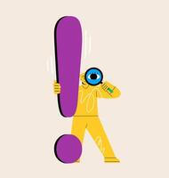 Man with huge exclamation mark look through magnifying glass. Solution concept. Colorful illustration vector