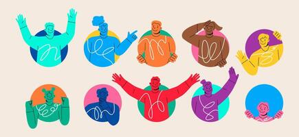 People doing various gestures in a circular frame. Men and women looking out of circle window. Colorful illustration vector