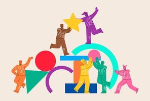 A team of people assemble an abstract geometric puzzle. Teamwork concept. Colorful illustration vector