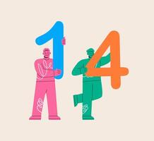 Two men hold numbers one and four. Colorful illustration vector