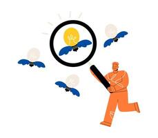 Men use magnifying glass to look for ideas. Searching for new ideas for business opportunities or new project. Colorful illustration vector