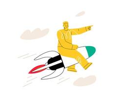 Man sits on a Flying Rocket. A successful startup, a man on the way to a goal. Colorful illustration vector