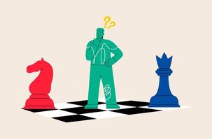 Thoughtful man with chess pieces. Confused man brainstorm consider business risk or challenge. Colorful illustration vector