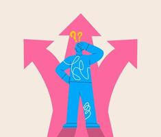 Man before choosing. Crossroads arrows. Decide direction. Choice way concept. Colorful illustration vector