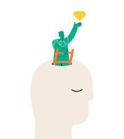 Happy man succeed finding valuable diamond inside his head. Self discovery and identity finding concept. Colorful illustration vector