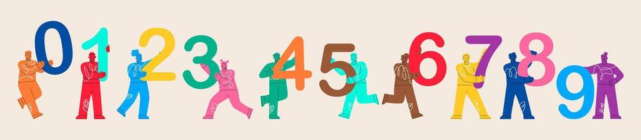 Group of people with numbers. People with one, two, thee, four, five, six, seven, eight, nine, zero. Colorful illustration vector