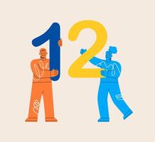 Man and woman hold numbers one and two. Colorful illustration vector