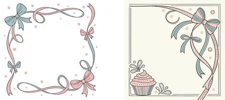 Two different frames with bows and cupcakes vector